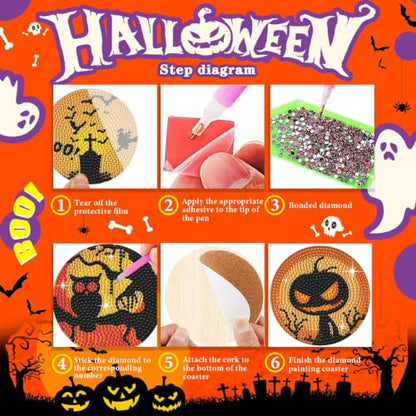 Leatrice 8 PCS Halloween Diamond Art Coasters Set with Holder 4 in - color: AA halloween