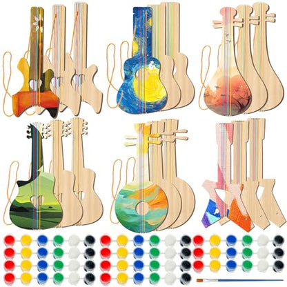 Syhood 36 Pcs 18 Sets DIY Wood Guitar (6 Difference Designs) with Pigments (6 Colors), DIY Wood Instruments Gift for Crafts Art Birthday Music Theme Party(Classic Style) - style: Classic Style