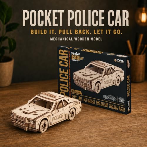 EWA Eco-Wood-Art Pocket Police Car - 3D Wooden Puzzle Mechanical Model Kit DIY Wood Construction Set