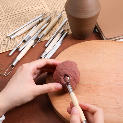 12PCS Double-Sided Clay Sculpting Tools, Wooden Handle Clay Carving Tools Clays Wire Loop Sculpture Set Clays Pottery Sculpting Tool Set for Ceramic, Carving Modeling - color: Silver + Wood