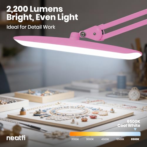 Neatfi XL 2200 Lumens 24W LED Desk Lamp – Shadow-Free Task Lighting | 4-Level Dimming | Home Office & Crafts Use | 20-Inch Wide Head (Pink, Non-CCT with Clamp) - color: Pink, size: Non-CCT with Clamp