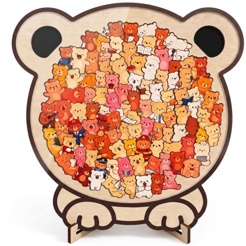 Bear Shaped Wooden Jigsaw Puzzle, 98 Pieces Thick Wood Puzzle with Acrylic Cover & Frame, Colorful Cute Animal Bear Puzzle, Decorative Puzzle Gift for Bear Lovers, Home Wall Decor - color: Colorful Bear