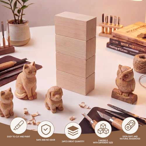 Basswood Carving Blocks - 2 Pack 6 x 3 x 3 inch Whittling Bass Wood Blocks Wood Carving Kit for Beginners, Soft Woodworking Blanks for Whittling, Use for Home, Crafts, Arts, DIY Projects - size: 2 PACK 6 x 3 x 3 Inch