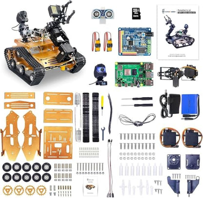 Smart WiFi Robot Kit with Raspberry Pi 5, 4DOF Robotic Arm Track Tank Chassis Robot Car with 2DOF HD Camera Ultrasonic Infrared Sensor, Programmable AI Robot Kit for Adults & Teens (Gold) - color: Gold