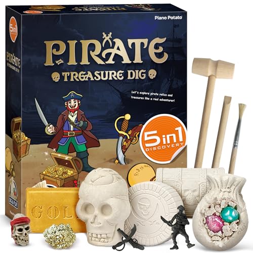 Pirate Treasures Dig Kit, 5 Bricks Excavation STEM Toy, Kids Party Gift