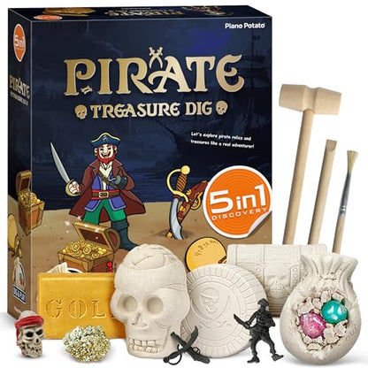 Pirate Treasures Dig Kit, 5 Bricks Excavation STEM Toy, Kids Party Gift