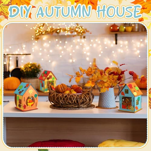 Cinnvoice 12 Sets Thanksgiving Wooden House Fall Craft Kit, Turkey Pumpkin