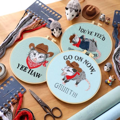 Mindsoft 3 Set Needlepoint Kit for Beginners with Hoop,Cowboy Possum - style: Cowboy Possum