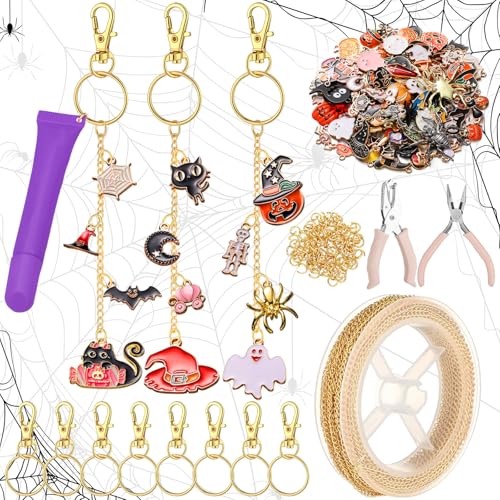 VioraWhite 213 Pcs Halloween Theme Lip Gloss Keychain Making Kit 100 Pink Enamel Charms 32.81 ft Gold Chains for DIY Crafts Women - style: Halloween Theme