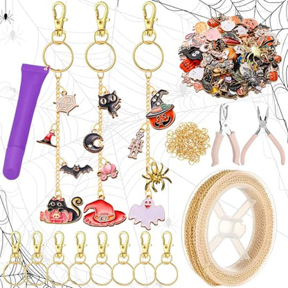 VioraWhite 213 Pcs Halloween Theme Lip Gloss Keychain Making Kit 100 Pink Enamel Charms 32.81 ft Gold Chains for DIY Crafts Women - style: Halloween Theme