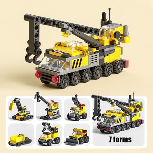 Rescue Construction Truck Building Blocks Set - 7 in 1 Engineering Vehicle Toy with Rotating Crane Arm, Rolling Wheels | STEM Educational Gift for Kids Ages 6-12 | Fire Truck & Emergency Playset - color: Crane Engineering