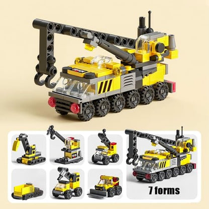 Rescue Construction Truck Building Blocks Set - 7 in 1 Engineering Vehicle Toy with Rotating Crane Arm, Rolling Wheels | STEM Educational Gift for Kids Ages 6-12 | Fire Truck & Emergency Playset - color: Crane Engineering