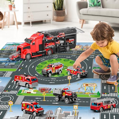 NIPLOOOW Fire Trucks Toy Set with Play Mat, Carrier Truck Play Vehicles Set for 3 4 5 6 Years Old Boys Kids, Die-Cast Car Toy for Toddlers 3-4 Years, Birthday Gifts Toys for 3-9 Year Old Boys - style: Fire Car