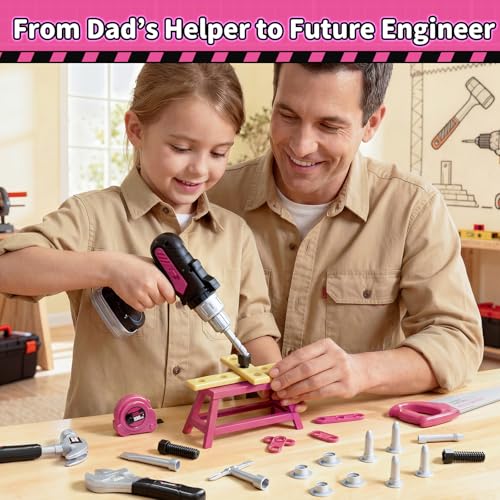 KidBloom Kids Tool Set, 50 Pcs Toddler Tool Set with Kids Tool Belt - color: Pink