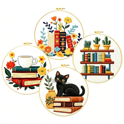 Zhenqing 4-Piece Book Lover Embroidery Kit for Beginners, Cat Coffee Books Needlework Set with Pre-Printed Fabric, Hoop, Threads & Tools (C0226) - color: Book Lover Embroidery Collection