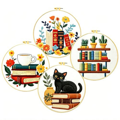 Zhenqing 4-Piece Book Lover Embroidery Kit for Beginners, Cat Coffee Books Needlework Set with Pre-Printed Fabric, Hoop, Threads & Tools (C0226) - color: Book Lover Embroidery Collection
