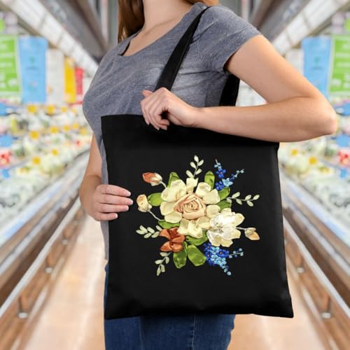 Canvas Tote Bag Silk Ribbon Embroidery Kit for Beginners Arts DIY Crafts Starter Kit Include Stamped Bag Threads Hoop - color: Color #3, Black Bag