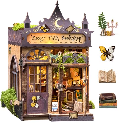 Book Nook Kit - Mossy Path Bookshop DIY Miniature Dollhouse with LED Lights, Mini Bookshelf Insert Decor for Adults & Teens, Creative Craft Gift for Family, Friends & Book Lovers - style: Mossy Path Bookshop