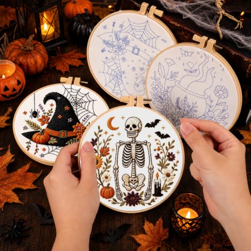 4 Set Halloween Embroidery Kit, DIY Hand Embroidery Kit for Beginners