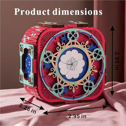 3D Wooden Puzzle Music Box with Light Up Four-Leaf Clover, DIY Mechanical Model Kit, Desktop Decoration Jewelry Box for Adults, Birthday (Rose Red)