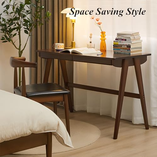 Computer Desk with Drawers, Solid Wood Writing Desk, Mid Century Modern Home Office Desks, Oak Study Table, Small Desk for Bedroom, 29.1 H x 39.4 W x 21.7 D Inches, Walnut - color: Walnut