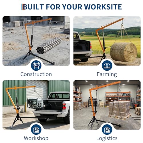 GarveeTech Heavy Duty 1000 Lbs Truck Crane, Hydraulic Hitch Mounted Hoist with 360 Degree Swivel Boom, Adjustable 3-Position Load Capacity for Farm, Construction & Engine Lifting - color: Yellow
