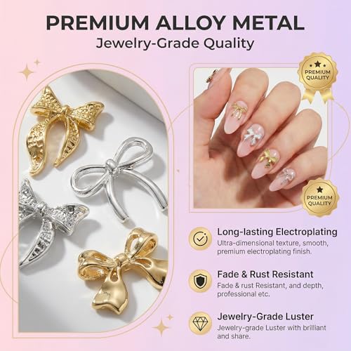 YOJO 3D Bow Nail Charms, Premium Metal Alloy Designs, 96pcs Gold & Silver Y2K Style Bowknot Charms for Acrylic Nails DIY Crafts - color: Gold&Silver