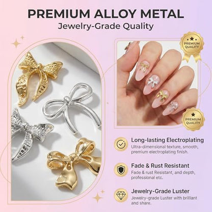 YOJO 3D Bow Nail Charms, Premium Metal Alloy Designs, 96pcs Gold & Silver Y2K Style Bowknot Charms for Acrylic Nails DIY Crafts - color: Gold&Silver