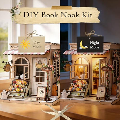 Book Nook Kit DIY Miniature House – 3D Wooden Puzzle Bookshelf Insert with LED Lights, Tiny Dollhouse Building Model Craft Kit, Unique Book Nook Decor Gift for Adults, Teens, Book Lovers - style: Flower Shop