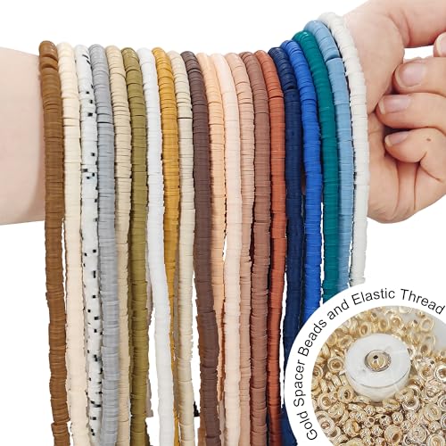 MIIIM 8000 PCS 20 Colors Neutral Clay Beads Strands, Polymer Clay Beads Kit for Bracelets Making, Vinyl Heishi 6mm, with Gold Spacers and Elastic Thread, for Bracelets Necklace - color: A-Neutral-1
