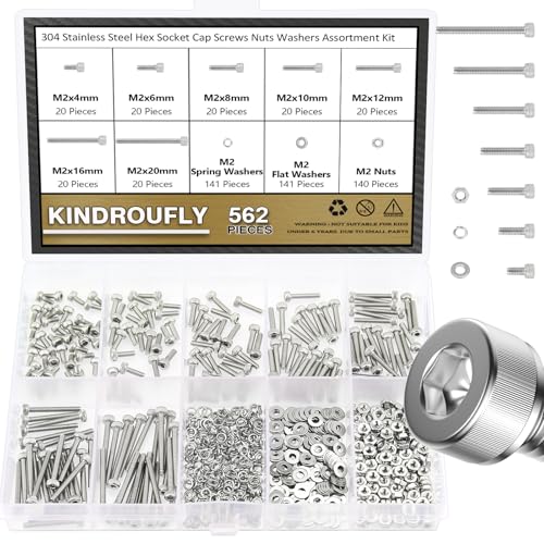 562 Pieces M2 x 4/6 /8/10 /12/16 /20mm Hex Socket Head Cap Screws Nuts Washers Assortment Kit, 304 Stainless Steel, Fully Machine Thread - size: M2, style: Socket Head