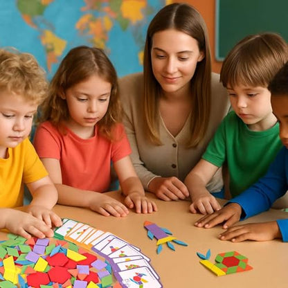 Montessori Pattern Blocks & Alphabet Puzzle Set, 209 PCS Wooden Shapes with Cards + A–Z Snake ABC Jigsaw, Educational Learning Toys for Toddlers