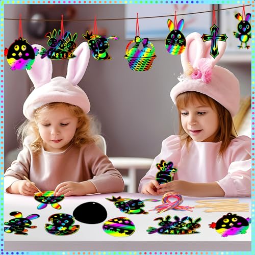 JULMELON 36Pack Easter Crafts for Kids, Bunny Rainbow Scratch Art Paper - style: Easter Crafts