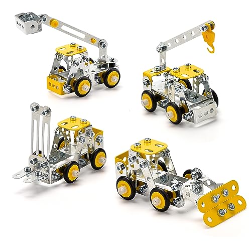 Erector Set for Boys Age 8-12,4 Mini Metal Model Set for Kids,330 PCS STEM Construction Toys,Engineering Building Set with Crane,Forklift,Bulldozer,Fire Truck-DIY STEM Educational Gift for Boys&Teens