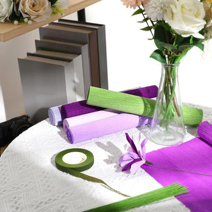 Gersoniel 57 Pcs Crepe Paper DIY Kit for Flower Making, Purple and Green - color: Purple and Green