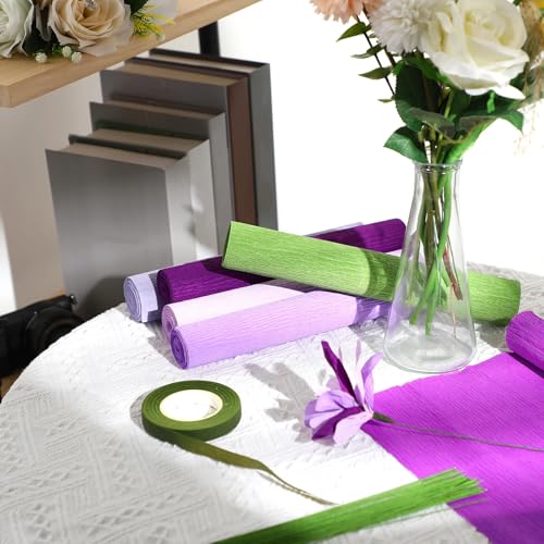 Gersoniel 57 Pcs Crepe Paper DIY Kit for Flower Making, Purple and Green - color: Purple and Green