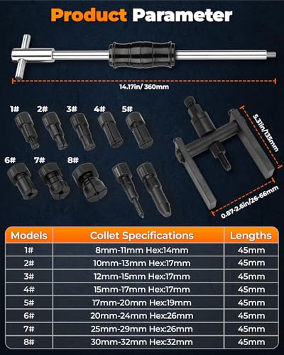 12pcs Motorcycle Blind Hole Collet Bearing Puller Set, Internal Bearing Extractor Puller Kit Slide Hammer Bearing Puller with Expandable Collets 8-32mm Inner Bearing Remover Tool (12-Piece)