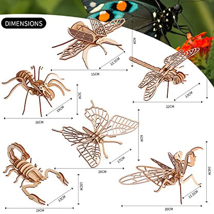 calary 3D Wooden Puzzle Simulation Animal Dinosaur Assembly DIY Model Toy for Kids and Adults,Set of 6 - style: E-Insect Assembly