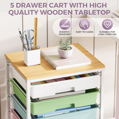SYKIARIOL 5-Tier Rolling Cart with Drawers with Wooden Top, Ice Cream - color: Ice Cream