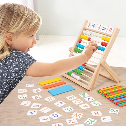 QQM Wooden Abacus Math Manipulatives Set with 100 Counting Beads, Math Sticks & Number Alphabet Cards, Folding Counting Toy Preschool Learning Activities Gift for Kids Toddlers Ages 3+