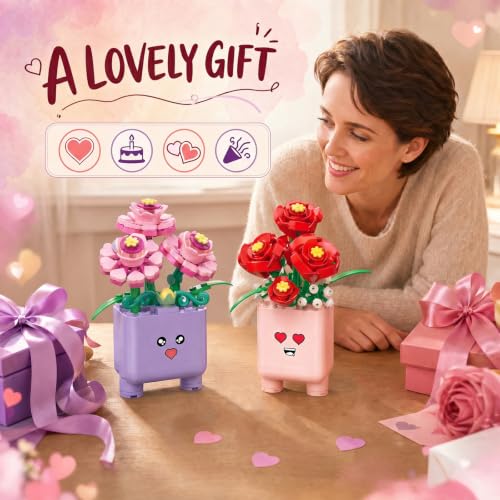 Botanicals Happy Plants Building Sets | 2 Cute Happy Plants Flowers Set, Succulents Botanical Collection for Home Office Décor, Gift for Women Wife Mom(244Pcs) - style: Purple and Pink