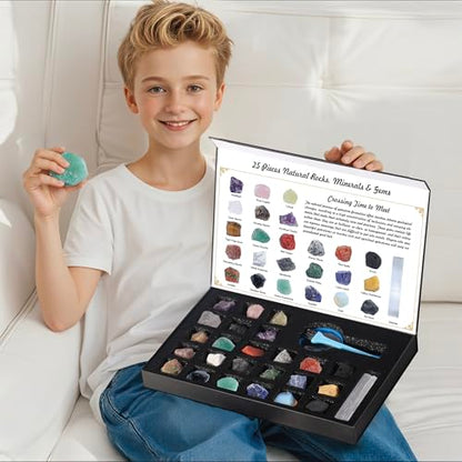 Rock Collection for Kids, 25PCS Crystal Gem Mineral Collection Set Box Gift for Boys and Girls, Natural Gemstone with Learning Guide Education Set