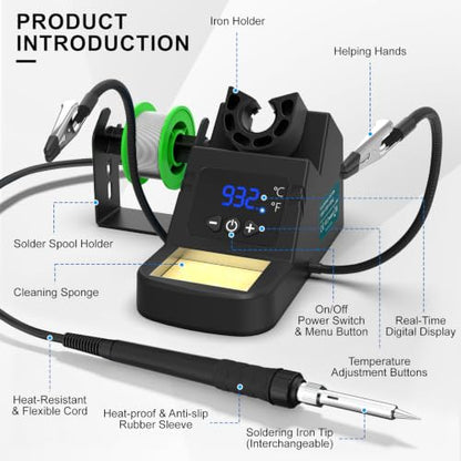 Soldering Station, 130W Digital Display Soldering Iron Station Kit with 2 Helping Hands, 356°F-932°F, Auto Sleep, Solder Wire, 5 Tips, Solder Sucker, Sponge, Tweezers, Tip Cleaner, Black