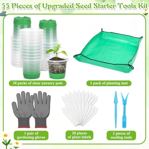 Caffox 55PCS Reusable Seed Starter Kit Includes 30 Packs 3.5" Clear Nursery Pots with Silicone Base, Repotting Mat, Gardening Gloves, Plant Labels and Seedling Tools for Easy Transplant - size: 3.5 Inch Clear Nursery Pots
