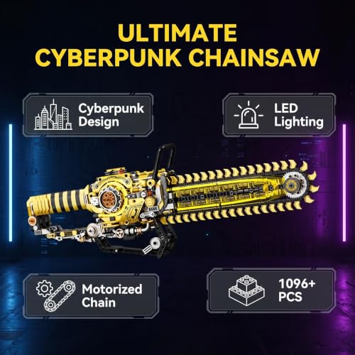 Mechanical Chainsaw Building Kit, 1096 Pcs Motorized Rotating Chain Model with 2-in-1 Manual & Electric Gear Drive, LED Lights, STEM Engineering Toy Gift for Adults Teens & Kids 8+