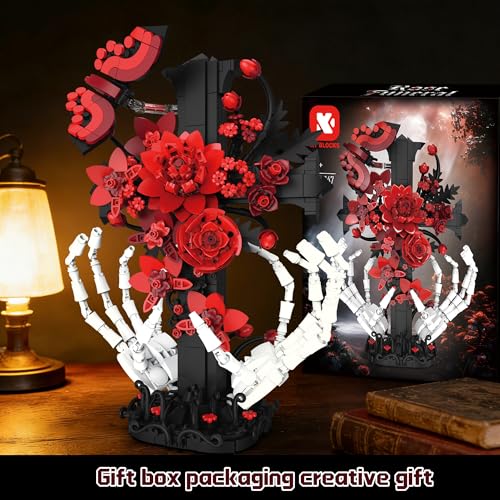 chanbrick Jesus Cross Building Set with Flower & Skull Hand for Adults, Gothic Crucifix Rose Skeleton Collectible Model for Women Home Art Decor, 800+ Pieces