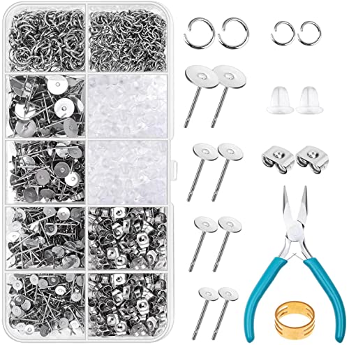 Caffox Hypoallergenic Earring Posts and Backs, 1800pcs Stainless Steel Stud Earring Kit with Earring Base Studs, Earring Backs and Jump Rings for Clay, Resin, Pearls, Jewelry Making and Crafting - color: Silver