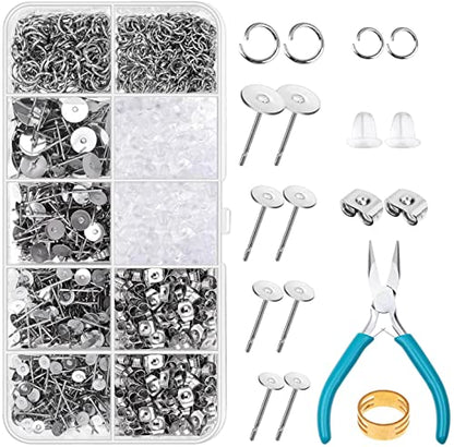 Caffox Hypoallergenic Earring Posts and Backs, 1800pcs Stainless Steel Stud Earring Kit with Earring Base Studs, Earring Backs and Jump Rings for Clay, Resin, Pearls, Jewelry Making and Crafting - color: Silver