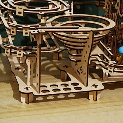 Wooden Marble Run Kit - 3D Puzzle Wood Colored Balls Run Stepped Hoist with 3-Stepped Lift Mechanism - Kinetic DIY Marble Run Wooden Puzzle
