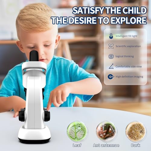 Microscope for Kids Scientific Experiment Kit 40X-1600X Magnification LED Light Educational STEM with Slides and Lab Tools Ages 6-12 (White) - color: White